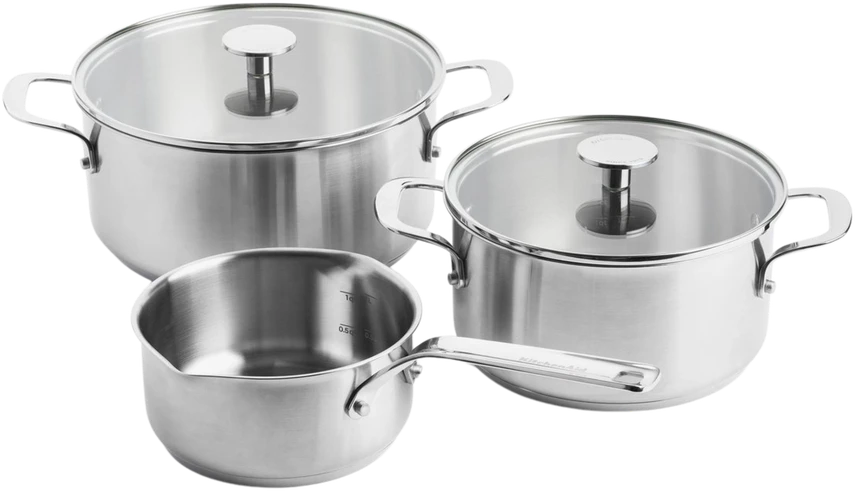 KitchenAid - Nerūdijančio plieno keptuvių rinkinys (3 vnt.): puodas su dangčiu + atviras puodas - sidabrinės spalvos - 16-24 cm