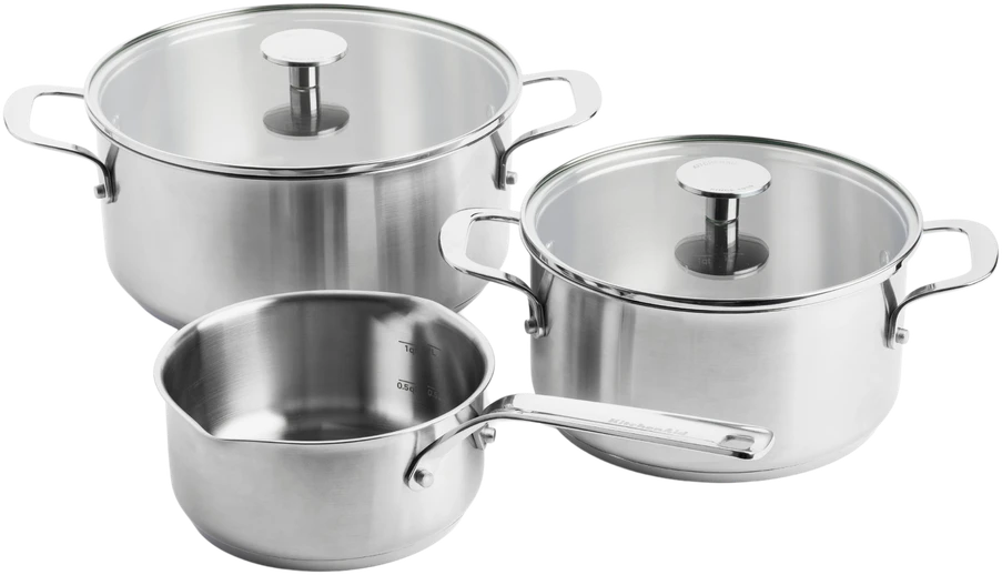 KitchenAid - Nerūdijančio plieno lakštų rinkinys: 20 cm troškintuvas su dangčiu, 24 cm troškintuvas su dangčiu, 16 cm puodas (be dangčio) - sidabro spalvos