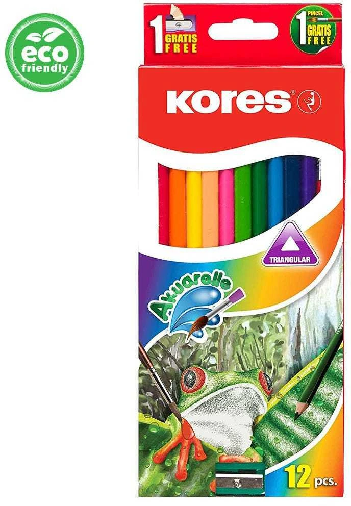 Spalvoti pieštukai KORES, tribriauniai, akvareliniai, 12 vnt. + teptukas ir drožtukas
