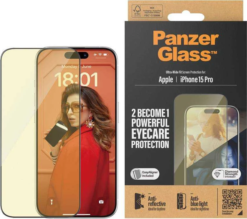 Panzer Glass PanzerGlass | Ekrano apsauga | Apple | iPhone 15 Pro | Stiklas | Išvalyti | Itin platus pritaikymas; Lengvas montavimas; Atsparus pirštų atspaudams; Anti-mėlynas šviesa; Neatspindintis; Apsaugo nuo pageltimo | Akių priežiūra