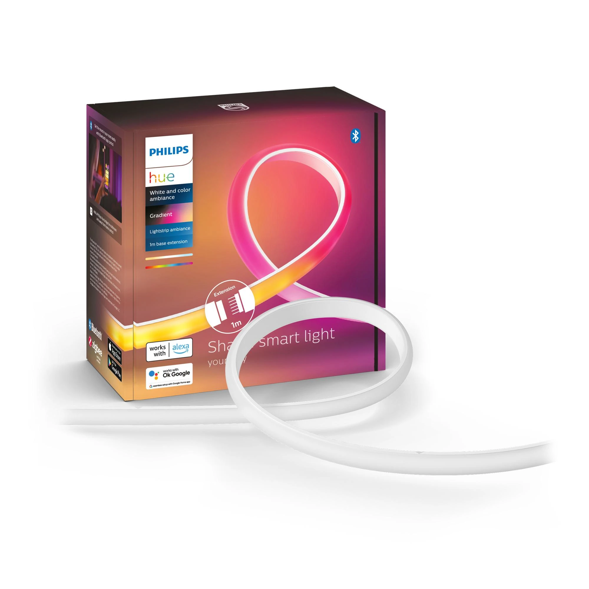 Philips Hue Lightstrip apšvietinimo ilginimo juostelė, 1 m., Baltos spalvos su įvairiaspalve šviesa