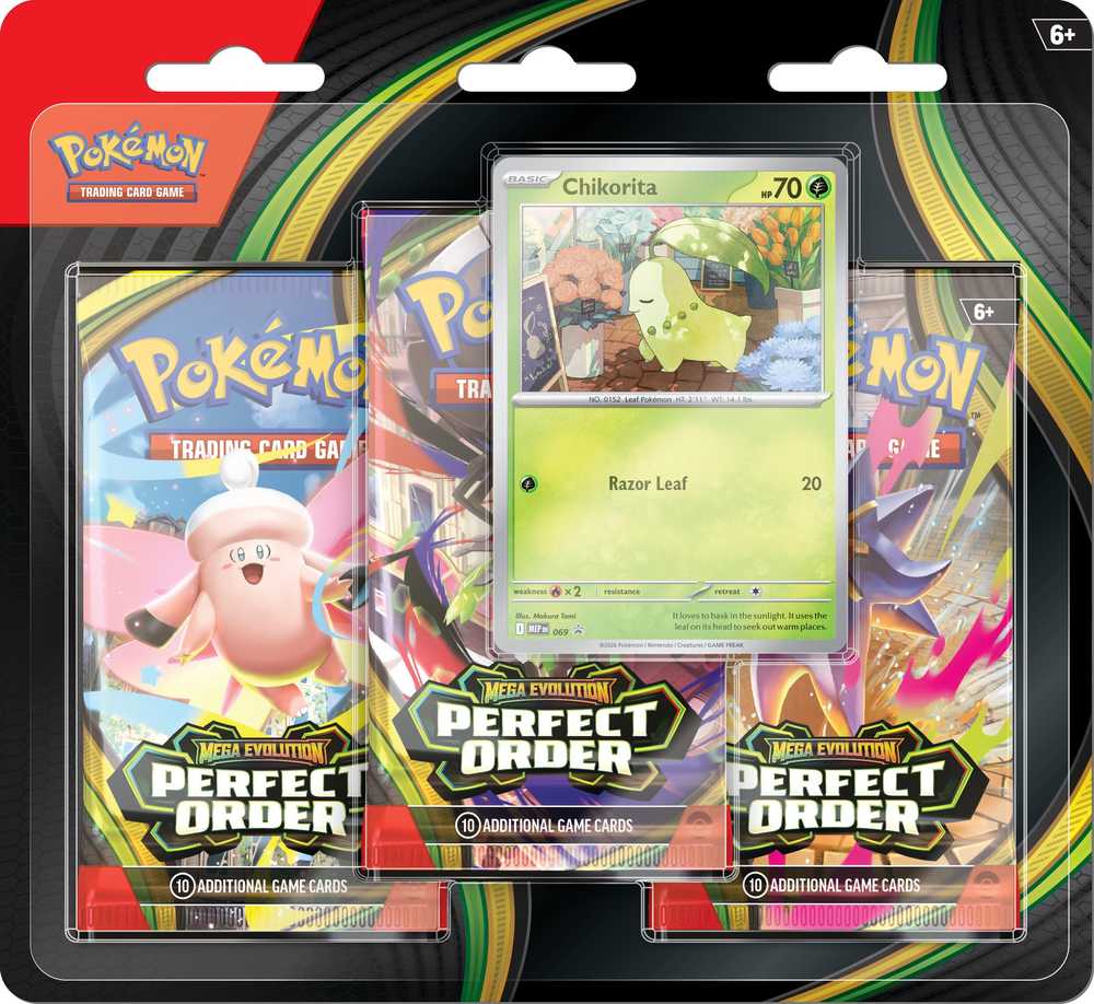 The Pokemon Pokemon TCG: Mega Evolution - Perfect Order 3-Pack Blister Chikorita
