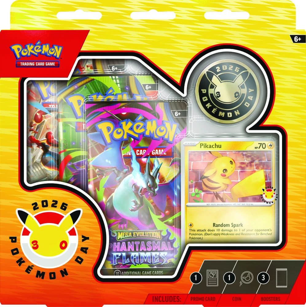 Kolekcionuojami daiktai – „Pokémon Day 2026“ kolekcijos dėžutė (Pokémon, Pikachu kortelė, moneta, 3 papildymo paketai)