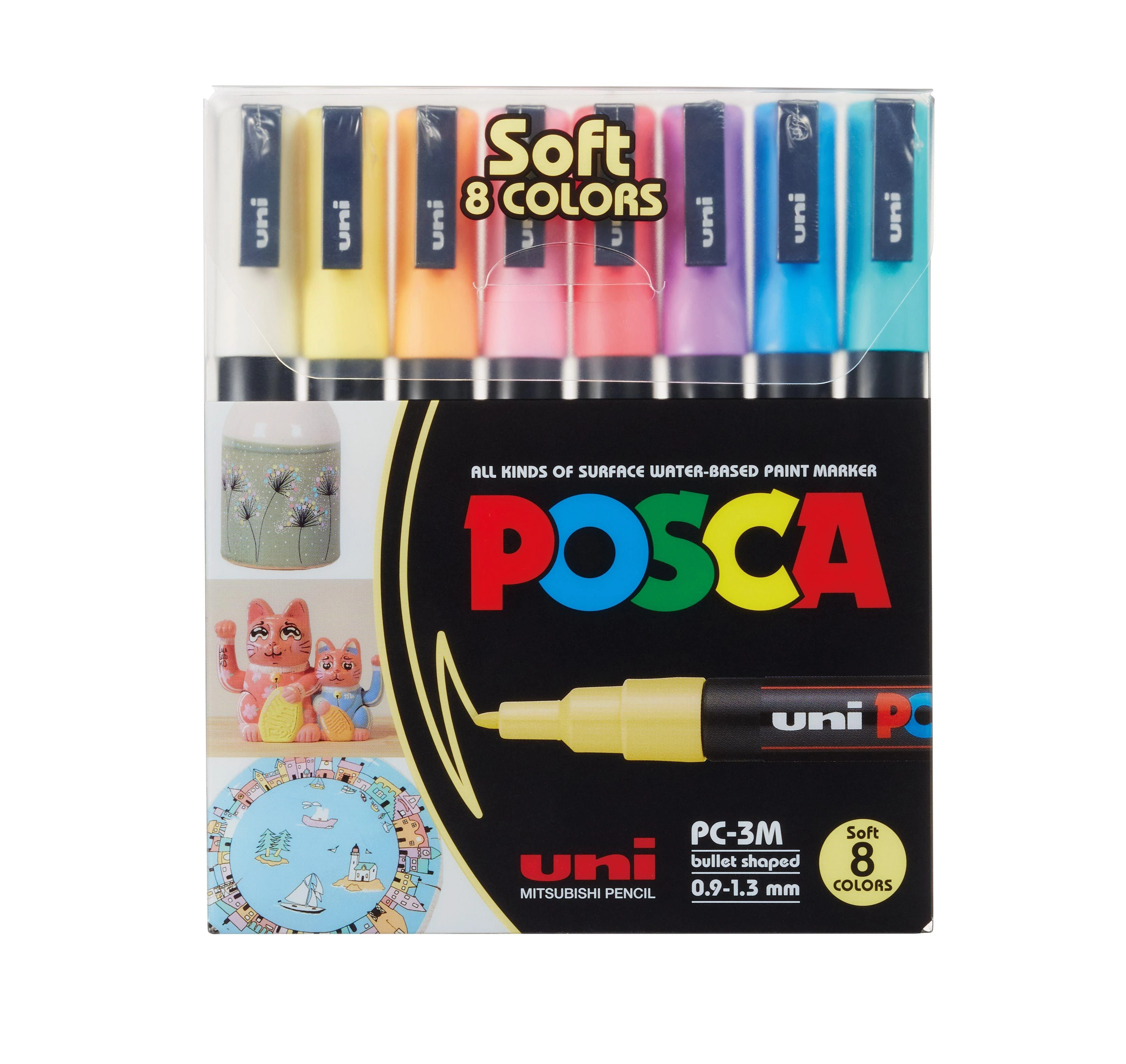 Uni Posca - PC3M - Rašiklis su plonu antgaliu - švelnios spalvos, 8 vnt