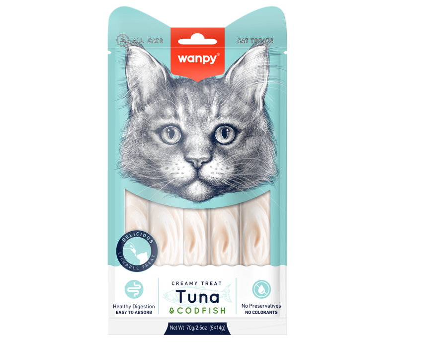 wanpy - Wanpy kreminis laižomas skanėstas katėms - tunas ir menkė 70 g (5 x 14 g) - 70 g (5 x 14 g)