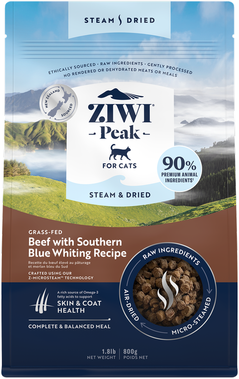 Ziwi Peak Steam&Dried Cat Beef with Southern Blue Whiting sausas maistas katėms, 800 g