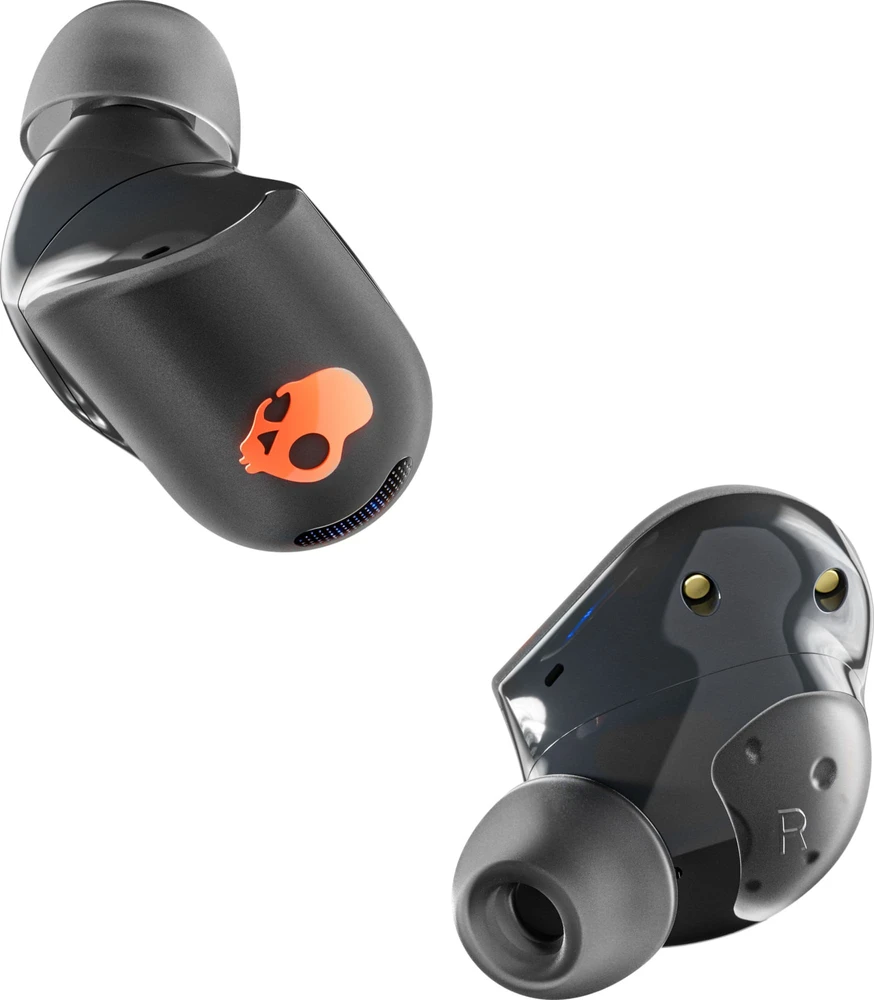 Skullcandy juodos belaidės ausinės su oranžiniu logotipu