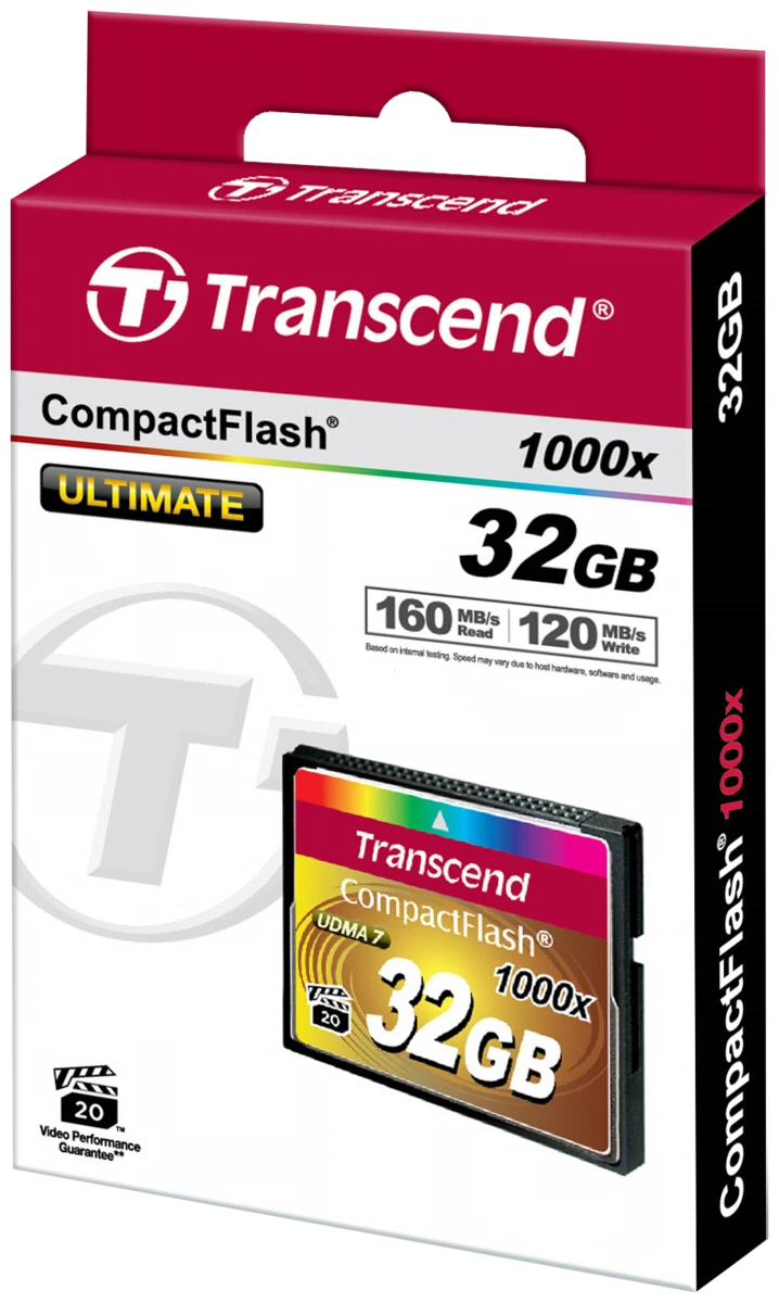 Atminties kortelė TRANSCEND 32GB CompactFlash kortelė 1000x iki rašymo greitis 160MB/s ir rašymo greitis iki 120MB/s Ultra DMA UDMA perdavimo režimas 7