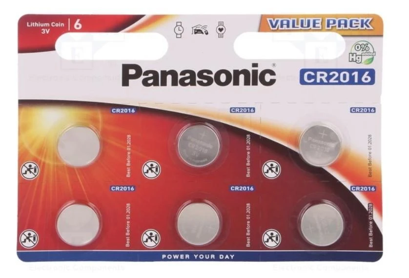 Panasonic CR2016 ličio baterijos, 6 vienetų pakuotė
