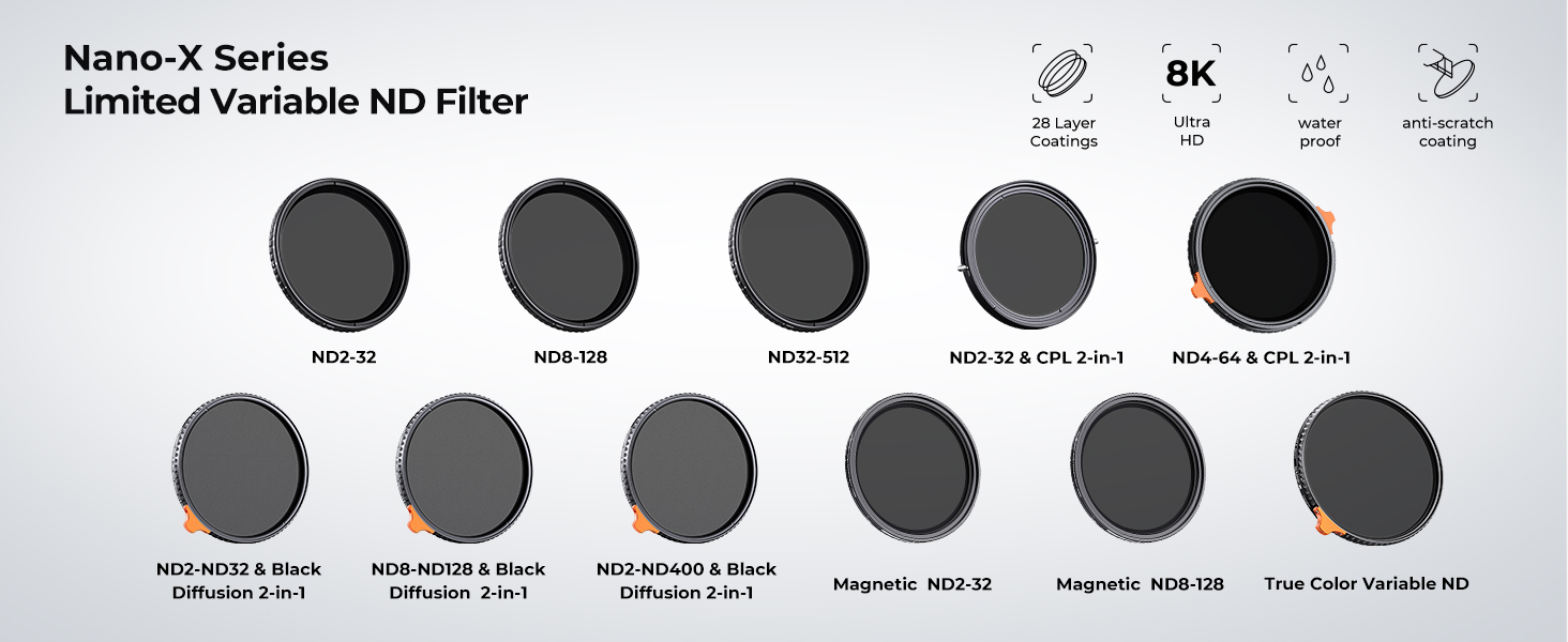 Kf Concept K&F Concept K&F 105MM Nano-X Variable/Fader ND Filter, ND2~ND32, W/O Juodas Cross with 3pcs cleaning cloths aprašymas - Prekės nuotrauka