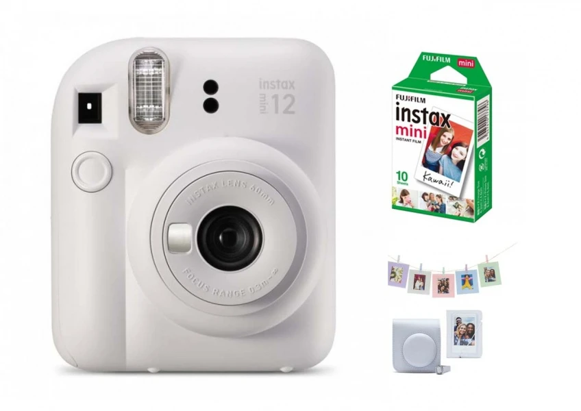 Fujifilm Momentinis fotoaparatas instax mini 12 CLAY Baltas + PRIEDŲ rinkinys (DĖKLAS, ALBUMAS, RĖMELIAI SU SEGTUKAIS) + instax mini glossy (10p aprašymas - Prekės nuotrauka