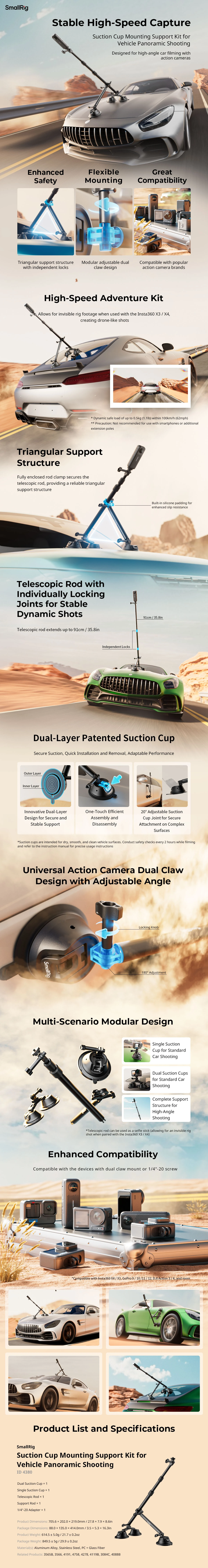 SmallRig 4380 Camera Suction Cup Car Mount Kit for Panoramic Shooting aprašymas - Prekės nuotrauka