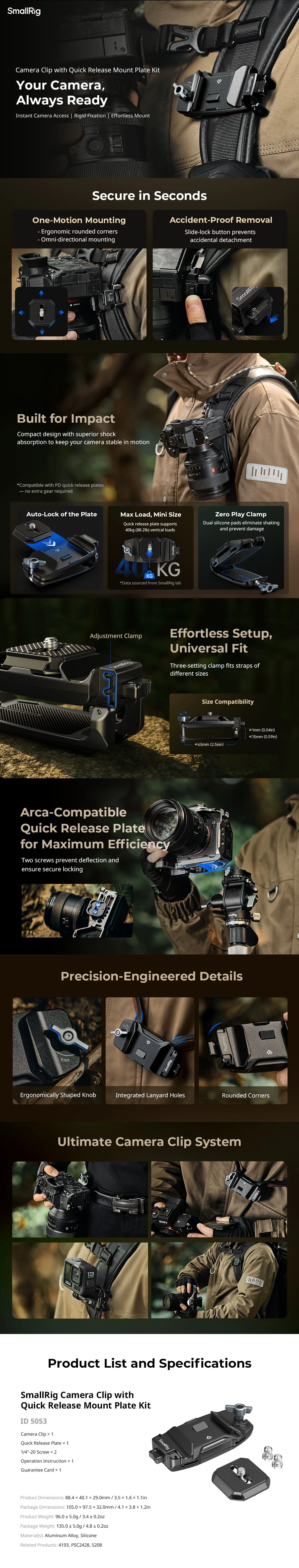 SmallRig 5053 Camera Clip with Quick Release Mount Plate Kit aprašymas - Prekės nuotrauka