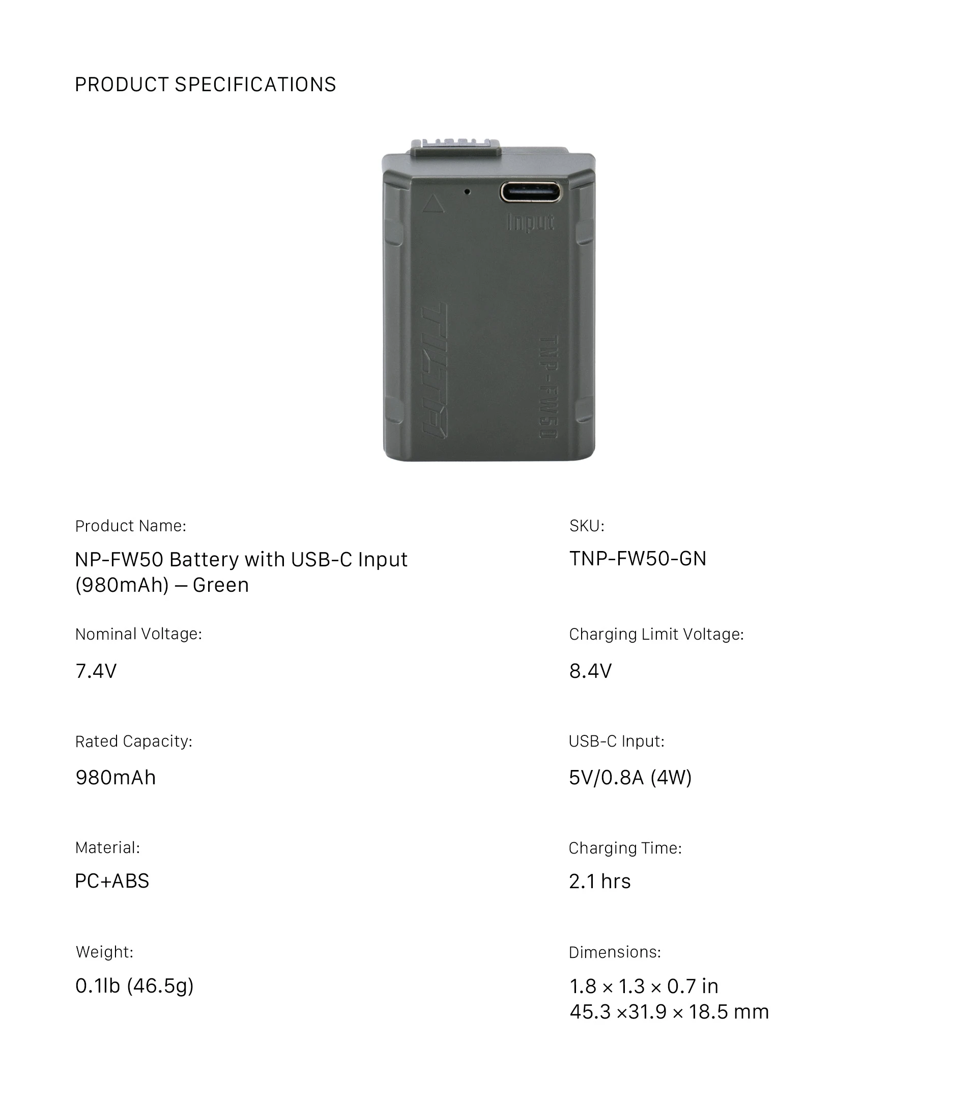 Tilta NP-FW50 Baterija with B-C Input (980mAh) - Žalias aprašymas - Prekės nuotrauka