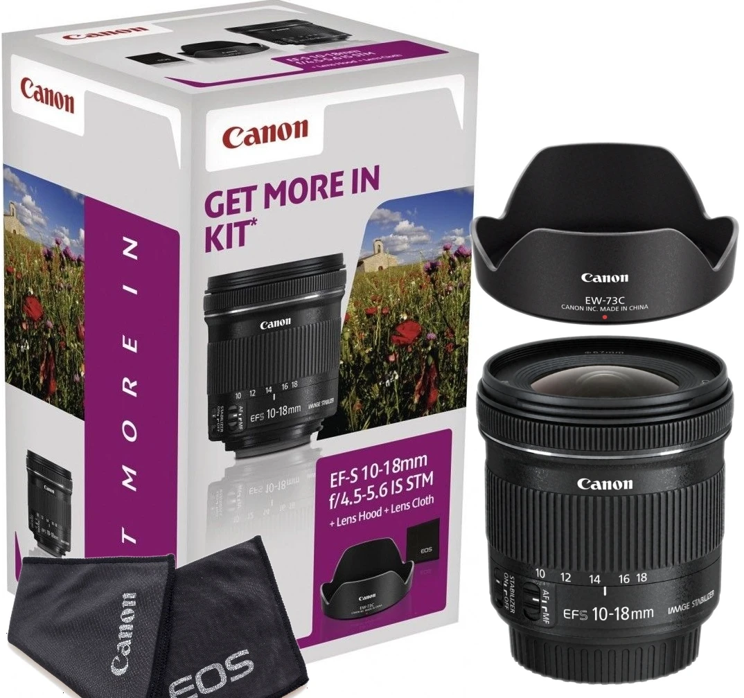 Canon EF-S 10-18mm f/4.5-5.6 IS STM + EW-73C + Lens Cloth SLR „Ultra“ platus objektyvas Juoda
