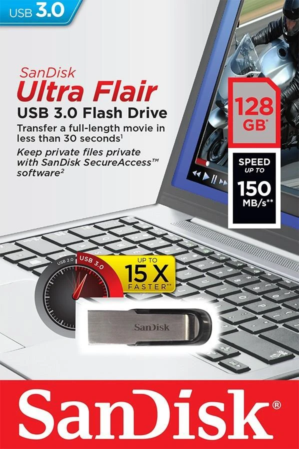 USB laikmena SanDisk Ultra Flair, 128 GB, USB 3.0, 150 MB/s