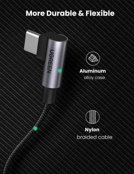 UGREEN US335 Kampinis USB-C kabelis 5A 100W 1m - Juodas