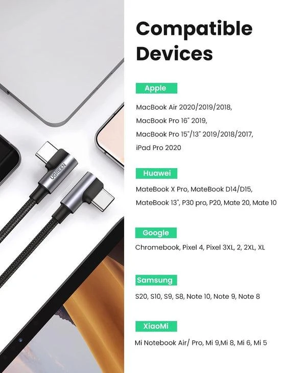 UGREEN US335 Kampinis USB-C kabelis 5A 100W 1m - Juodas