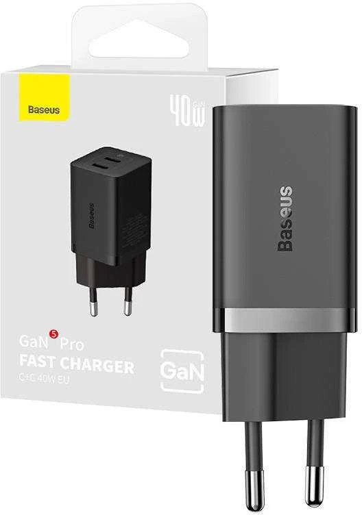 Sieninis įkroviklis Baseus GaN5 40W, 2x USB C (juodas)