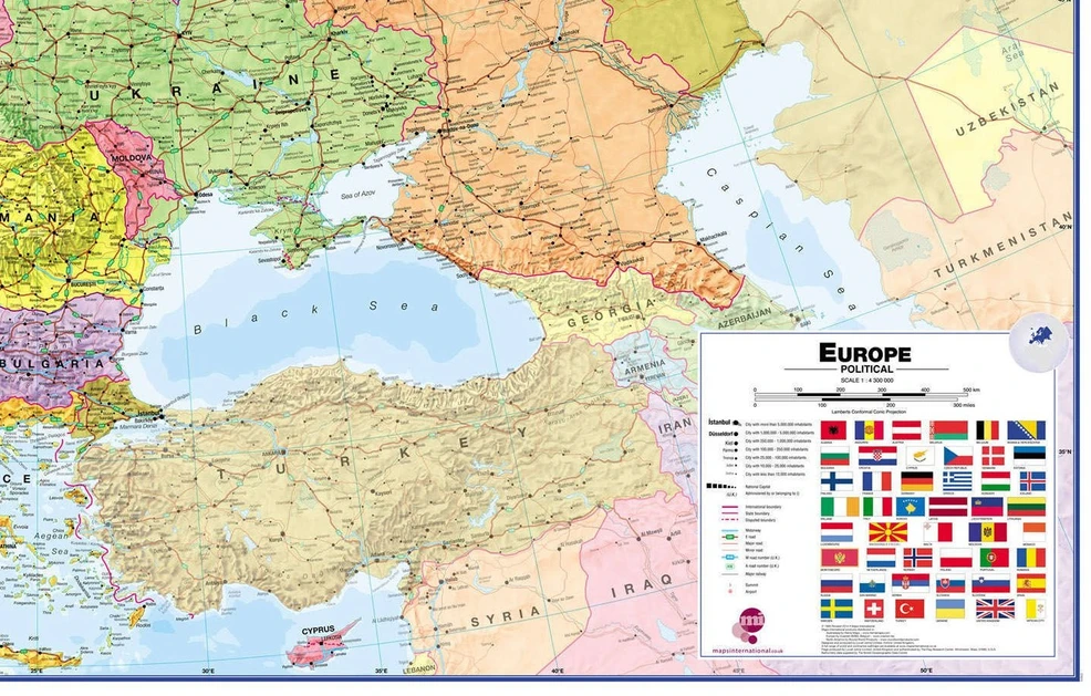 Europos politinis sieninis žemėlapis 1:3,2 mln, 135x165 cm, laminuotas