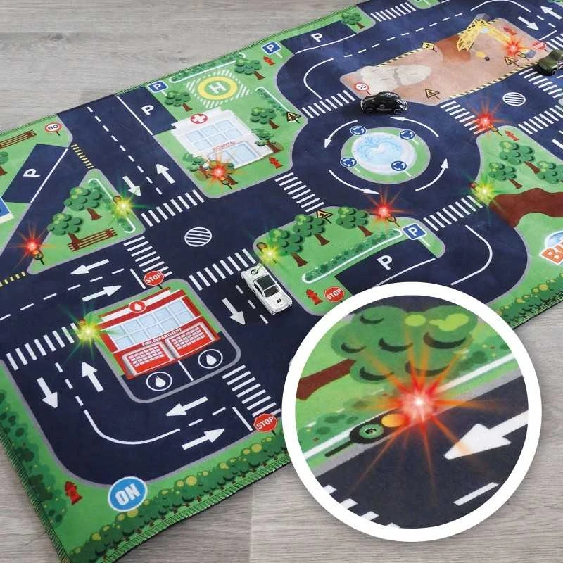 Kilimas su keliais ir šviesoforais, kurie šviečia ir keičia spalvas! +3 automobiliukai