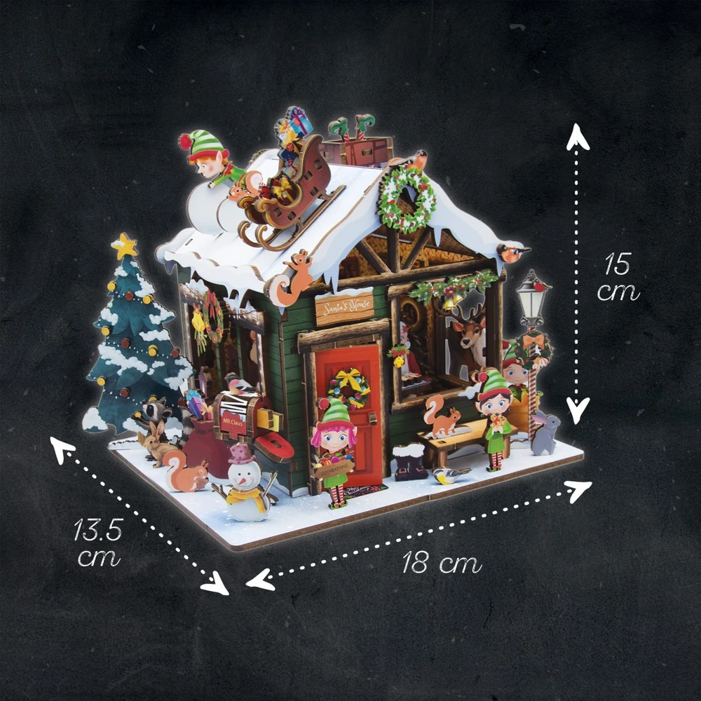 Medinė 3D diorama-konstruktorius-dėlionė Kalėdų Senelio namelis