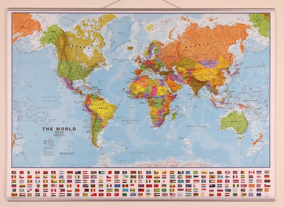 Pasaulio politinis žemėlapis 53×68cm, 1:60 mln, laminuotas, su metaliniais laikikliais