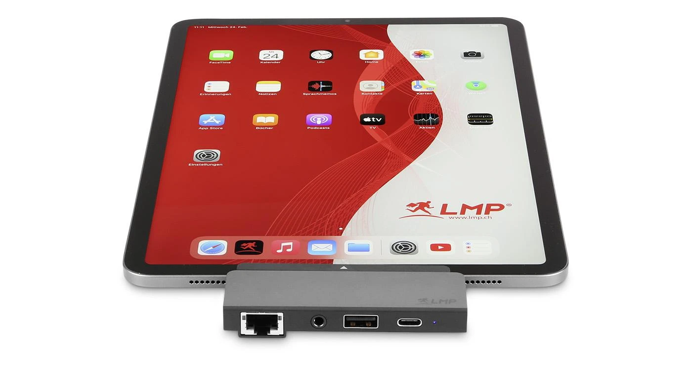 LMP USB-C jungčių stotelė, prijungta prie planšetės