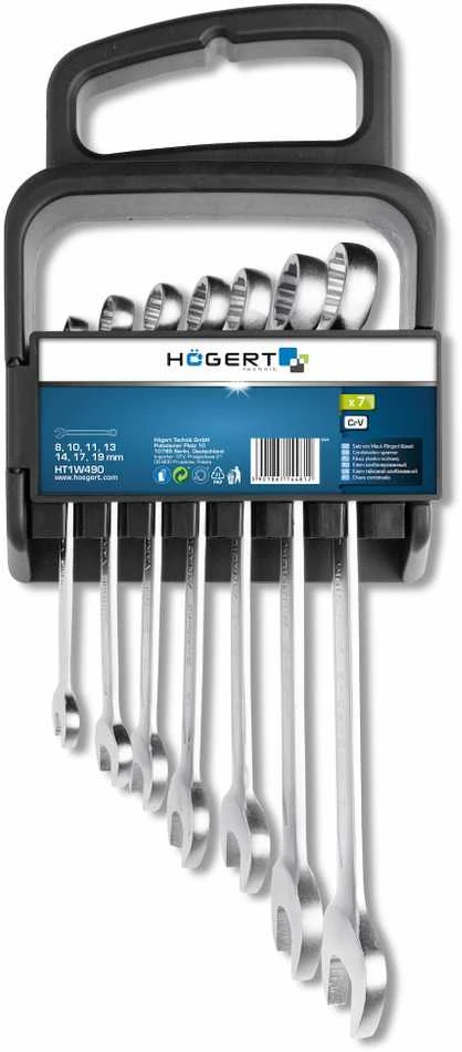 HÕGERT Kombinuotų veržliarakčių rinkinys, 7 vnt., 8-19 mm, plastikinė rankena pakabinimui, CrV, D