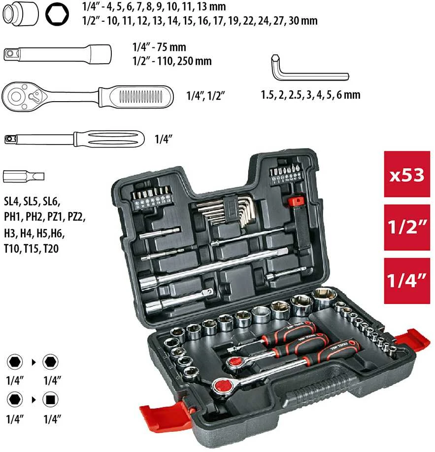 Top Tools Rinkinys 1/4", 1/2", 53 vnt. galinių raktų rinkinys.