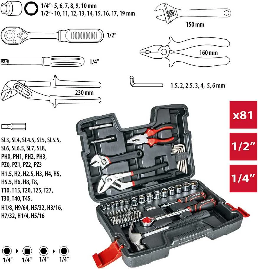 Įrankių rinkinys Top Tools 38D510, 81 vnt