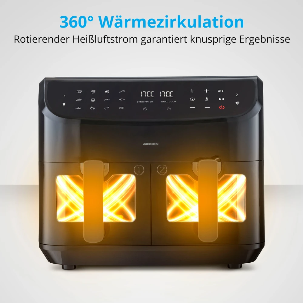 Medion MD 11760 LIFE® P20 XXL Dviguba dviejų zonų karšto oro gruzdintuvė, 8,7 l, Juoda