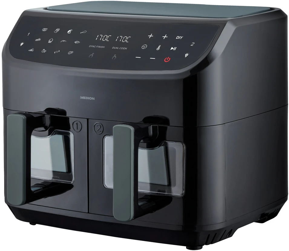 Medion MD 11760 LIFE® P20 XXL Dviguba dviejų zonų karšto oro gruzdintuvė, 8,7 l, Juoda