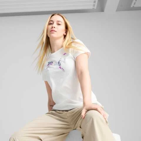 Puma Palaidinė Moterims Graphics Floral Cat Logo Tee Baltas 685081 02
