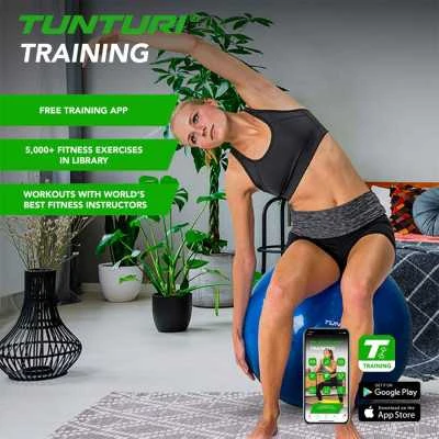 Mėlynas gimnastikos kamuolys ir treniruočių programėlė