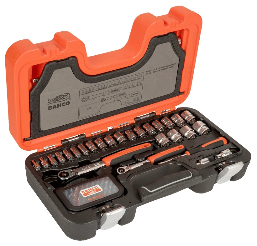Bahco Galvučių rinkinys 1/4"+3/8" 4-21mm galvutėms, siauroms terkšlėms + ilgiems ir trumpiems antgaliams. 91vnt