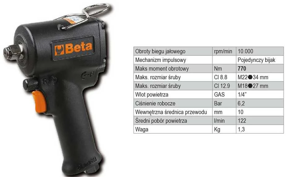 Beta Tools BETA pneumatinis Smūginis veržliasukis 1/2" 770Nm /1927XM 122 l/min.