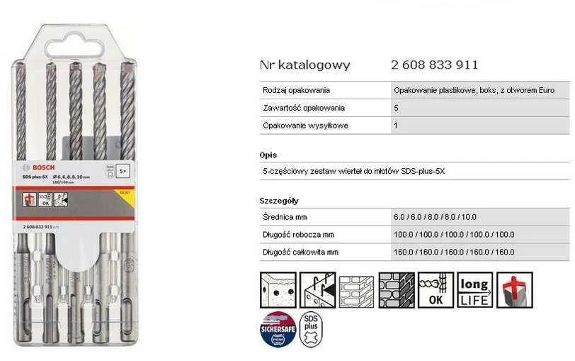 Grąžtas Bosch 5 SDSplus-5X komplektas 6/6/8/8/10 mm