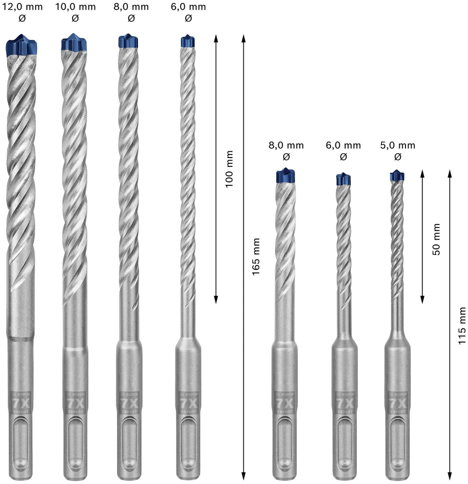 Bosch „EXPERT SDS plus-7X“ smūginių grąžtų rinkinys 5/6/6/8/8/10/12 mm 7 vnt. (2608900195)