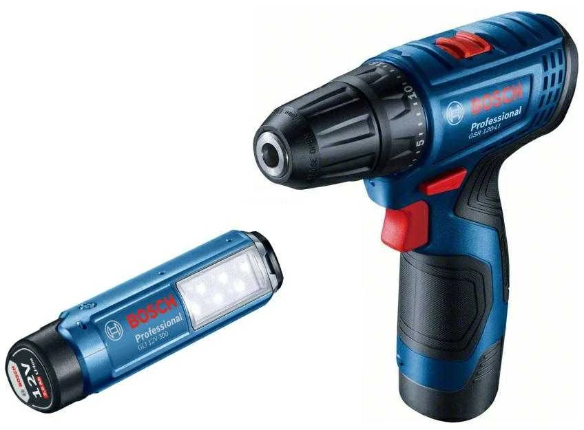 BOSCH suktuvas - gręžtuvas GSR 120-LI 12V 30/14Nm 2x2,0Ah. lagaminas+ prožektorius GLI 12V-300