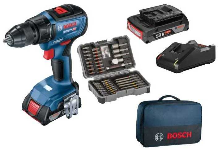 Suktuvas-gręžtuvas Bosch GSR 18V-50; 18 V; 2x2,0 Ah akum. + 43 priedai