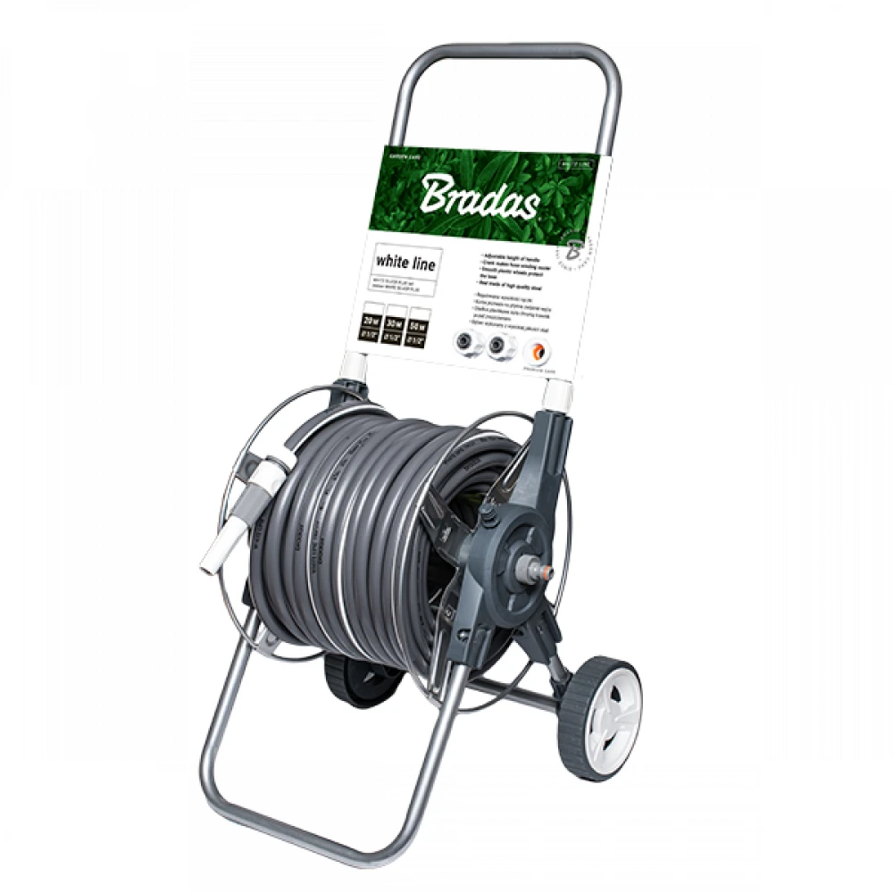 Bradas BĘBEN Vežimėlis NA sodo žarna Rinkinys 30mb 1/2" NA KOŁACH Baltas Sidabrinis PLUS KARTA
