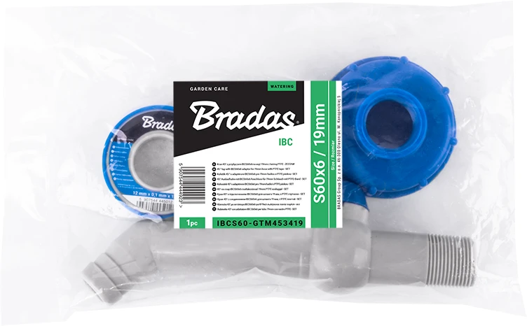 BRADAS čiaupas IBC talpai GZ 3/4″ IBC S60x6 rinkinys su juosta
