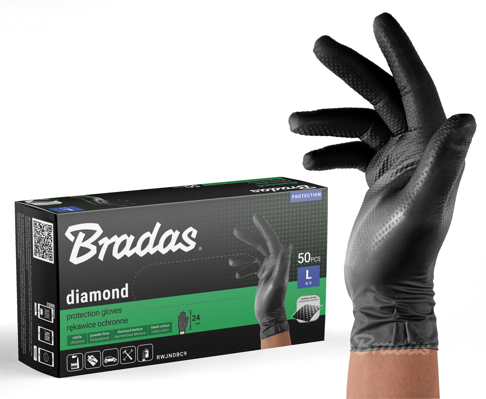 BRADAS NITRILINĖS PIRŠTINĖS DIAMOND JUODOS L 8-9 /50vnt.