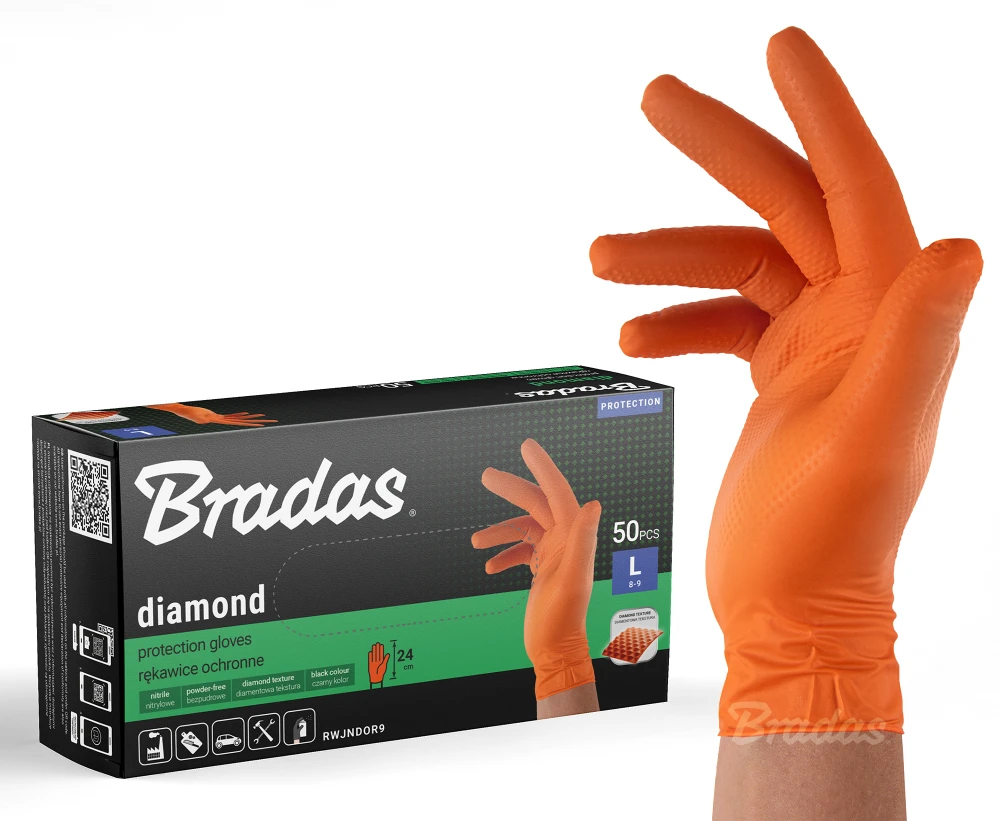 BRADAS NITRILINĖS PIRŠTINĖS DIAMOND ORANŽINĖS L 8-9 /50vnt.