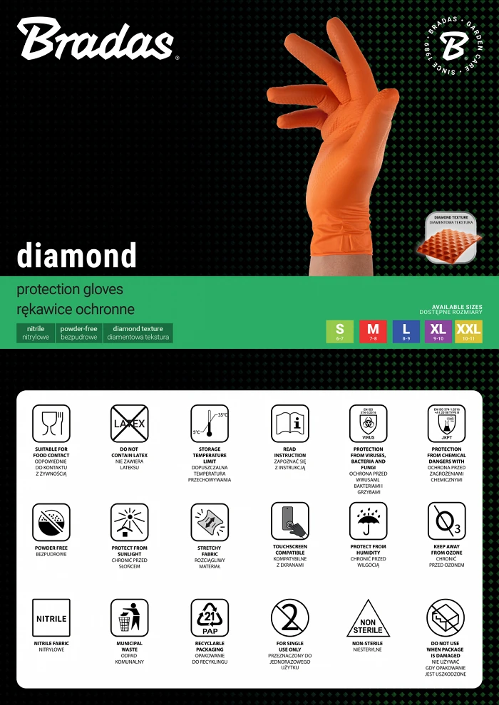 BRADAS NITRILINĖS PIRŠTINĖS DIAMOND ORANŽINĖS M 7-8 /50vnt.