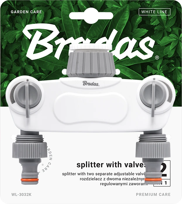 BRADAS 2-krypčių skirstytuvas su vidiniu sriegiu 1″-3/4″ SOLID su vožtuvais /Baltas LINE