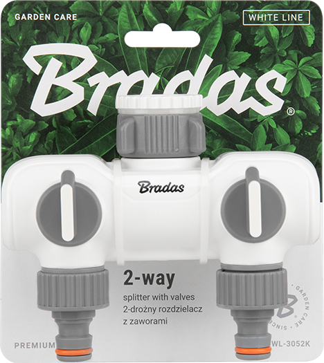 BRADAS 2-krypčių skirstytuvas, vidinis sriegis 1″-3/4″ su vožtuvais /Baltas LINE