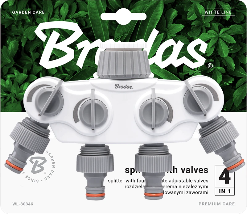 BRADAS 4-krypčių skirstytuvas su vidiniu sriegiu 1″- 3/4″ SOLID SU VOŽTUVAIS /Baltas LINE