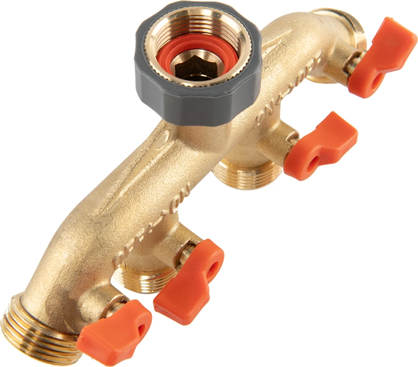 BRADAS 4-krypčių skirstytuvas, vidinis sriegis 3/4″ x išorinis sriegis 3/4″, žalvarinis su vožtuvais BRASS SOFT